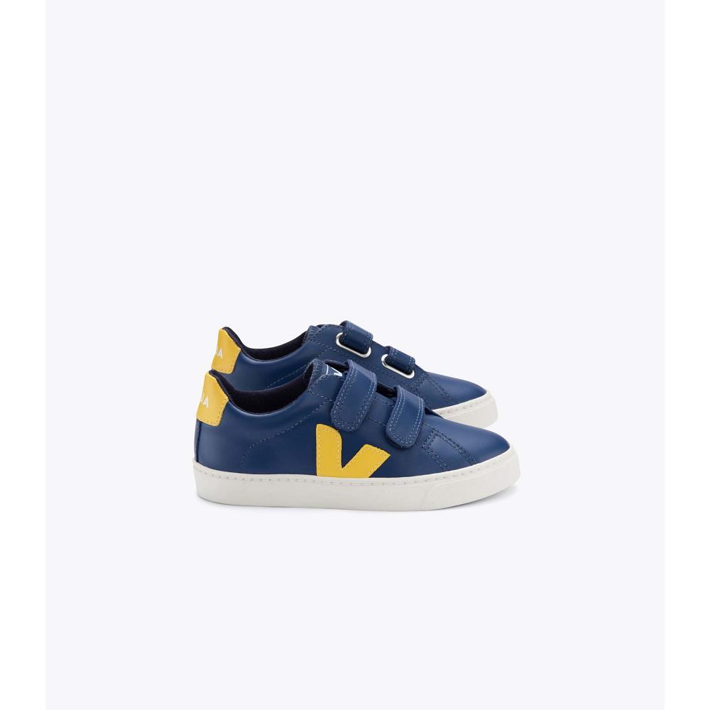 Navy/Yellow Kids\' Veja ESPLAR LEATHER Sneakers | AU 813YXF